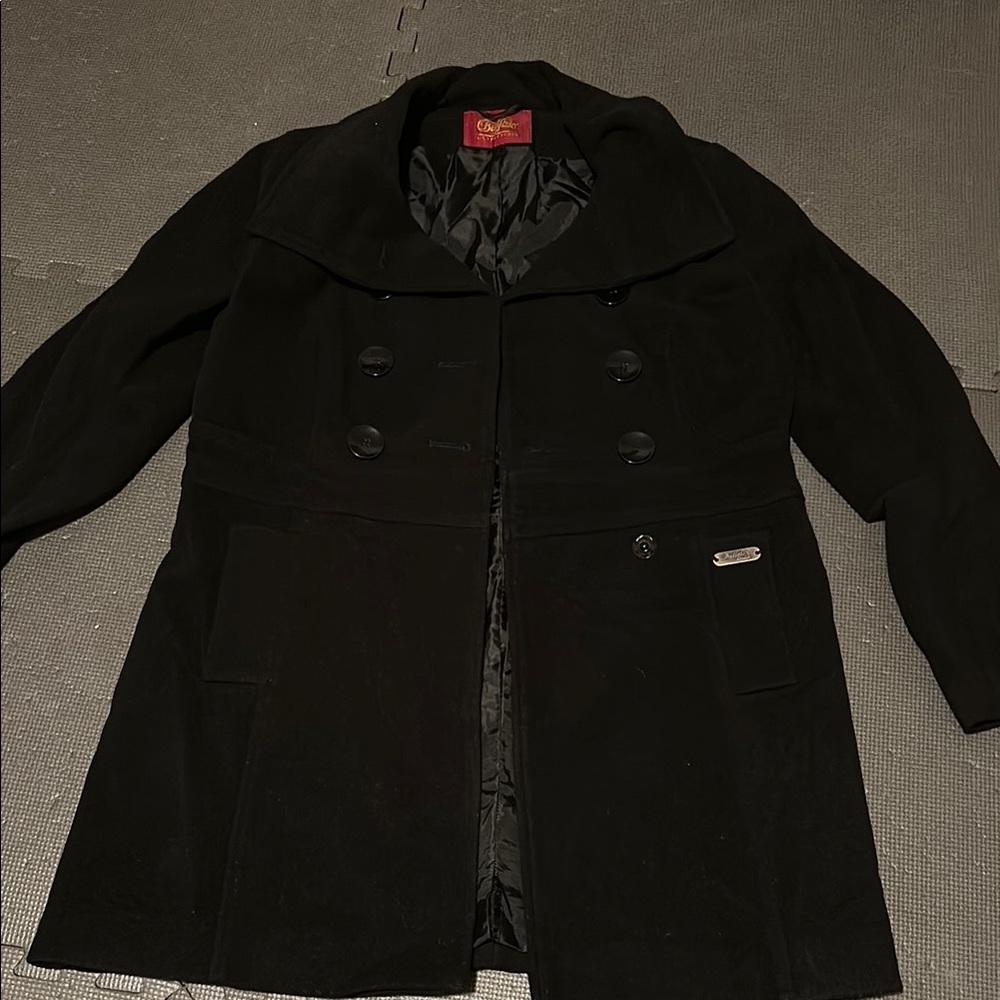 Black Textured Wool Pea Coat with Zipper